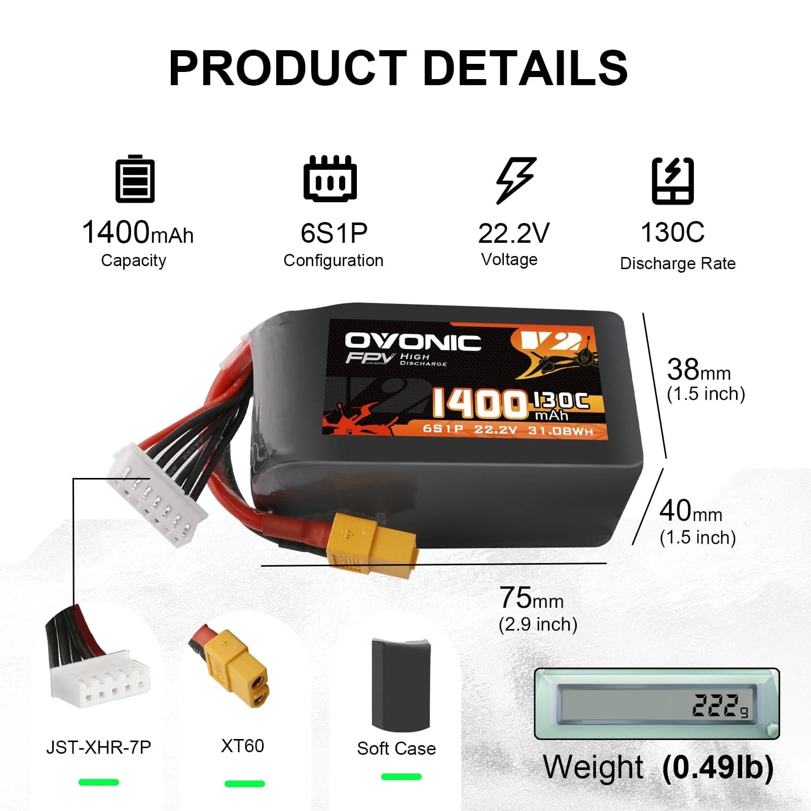 Ovonic 6S 1400mAh 130C LiPo Ba - огляд і ціна Drone Frame 5 Inch